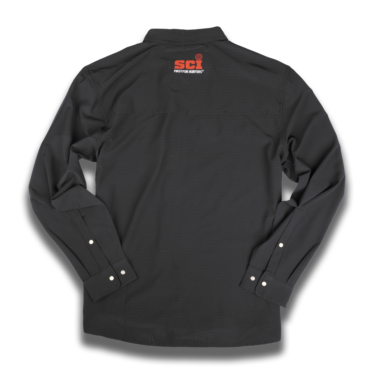 rear view of Black longsleeve airflow shirt with SCI logo on upper back