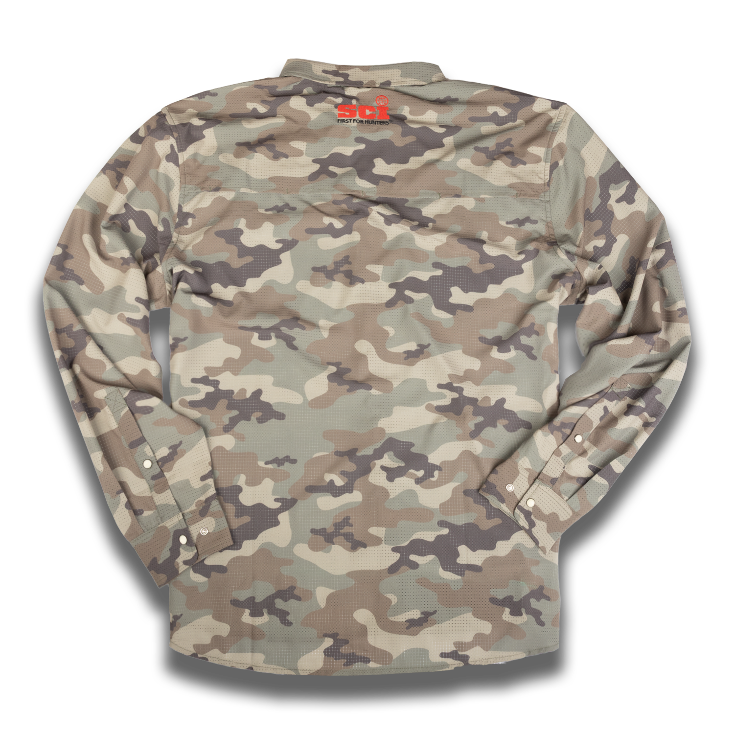 Rear View of Vintage woodand camo longsleeve airflow shirt with SCI logo on upper back