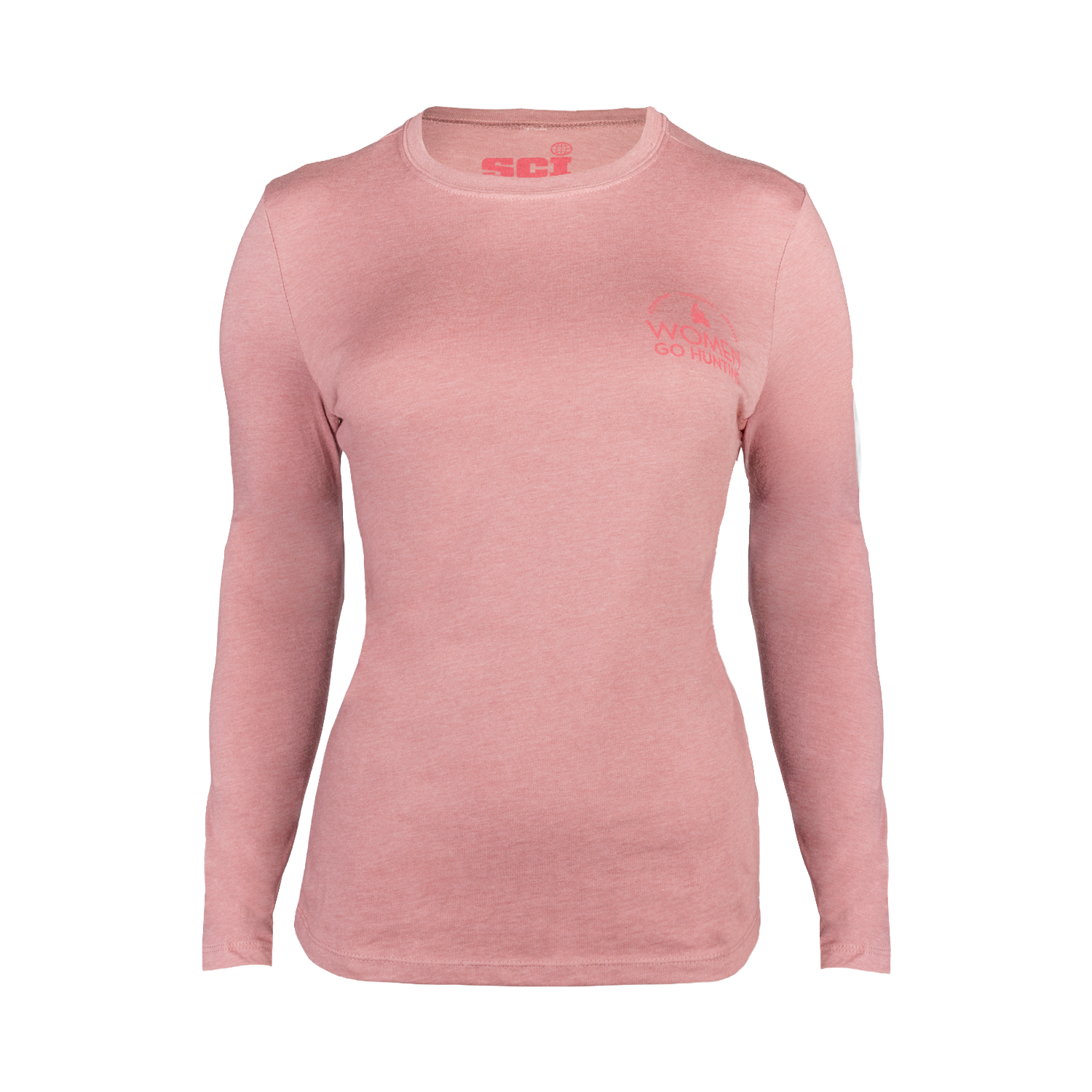Mauve womens long sleeve tee with Women go hunting text on left chest