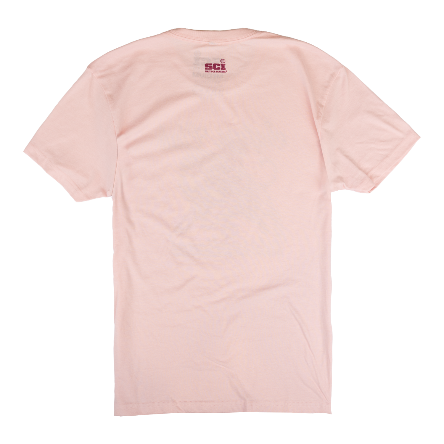 Rear view of pink tee with SCI logo on upper back