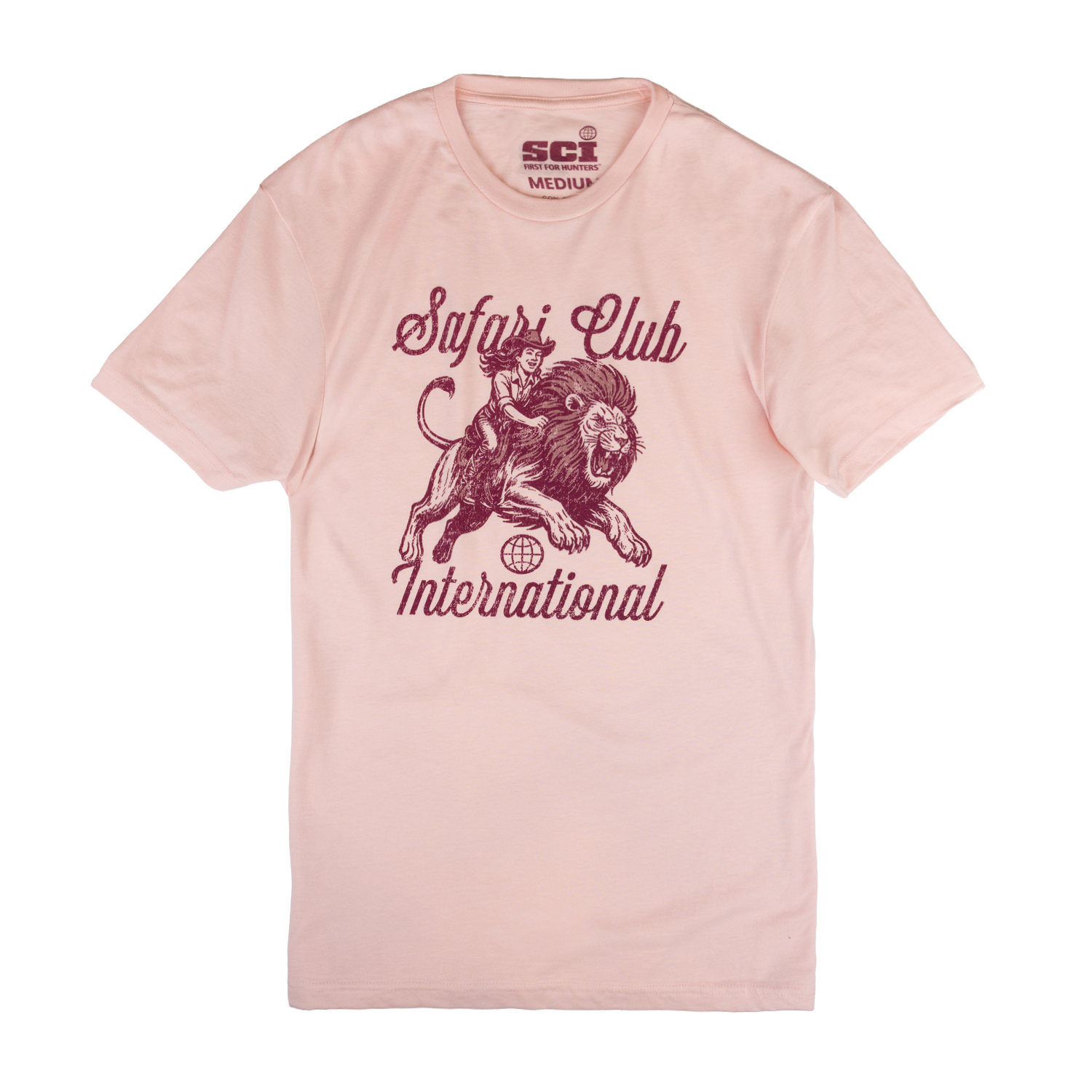 Pink t-shirt with a lion graphic and text on a white background