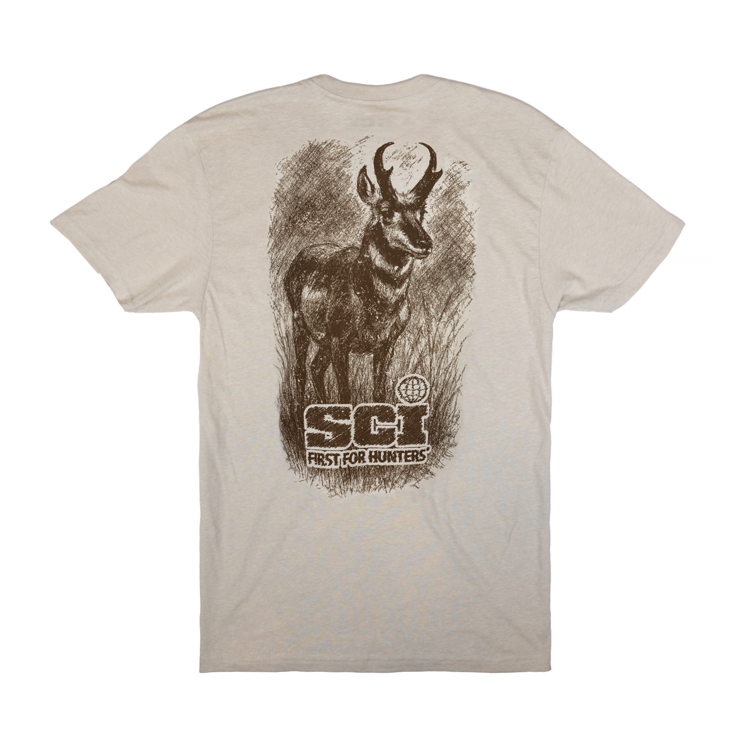 A crewneck t-shirt shown from the back, featuring a large charcoal graphic print of a pronghorn with the text 'SCI FIRST FOR HUNTERS'