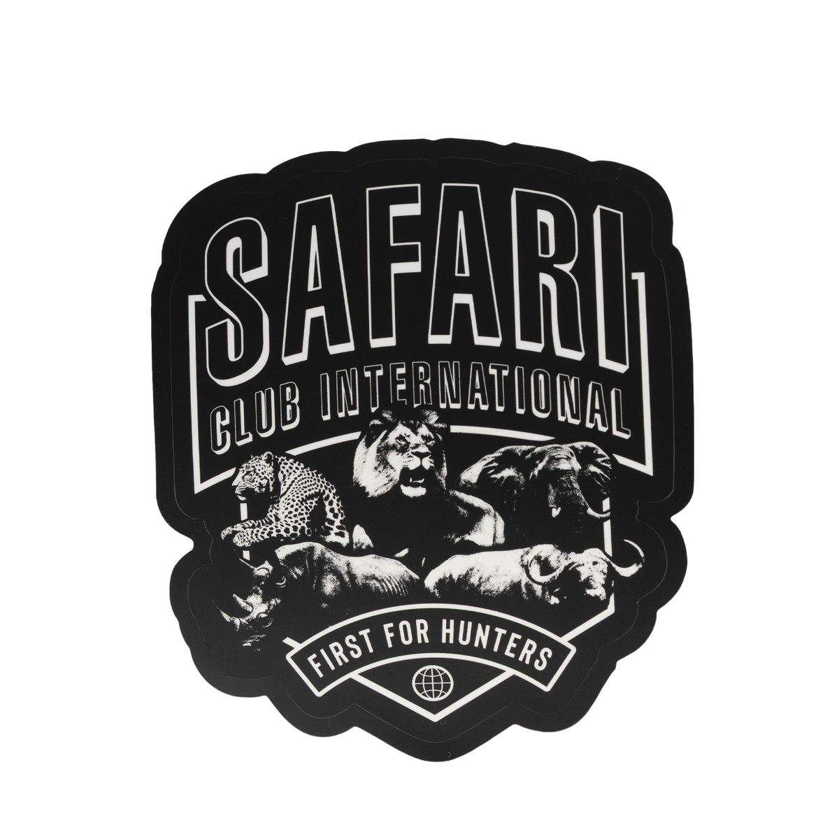 Sticker with various big game animals  and SAFARI CLUB INTERNATIONAL FIRST FOR HUNTERS text