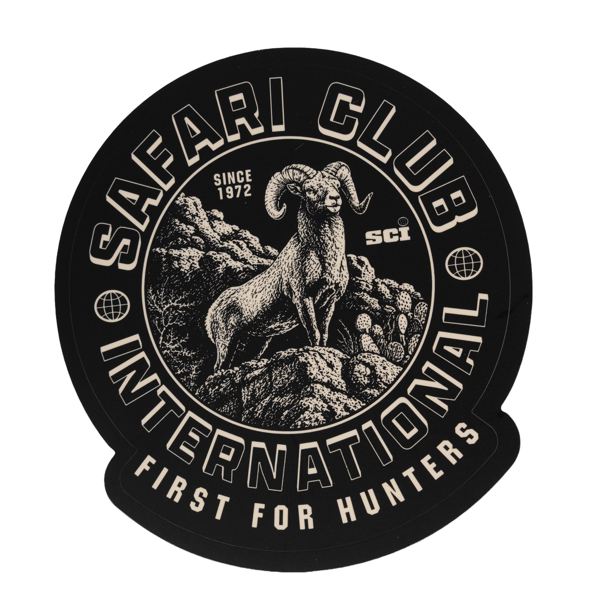 Sticker featuring ram with SAFARI CLUB INTERNATIONAL text
