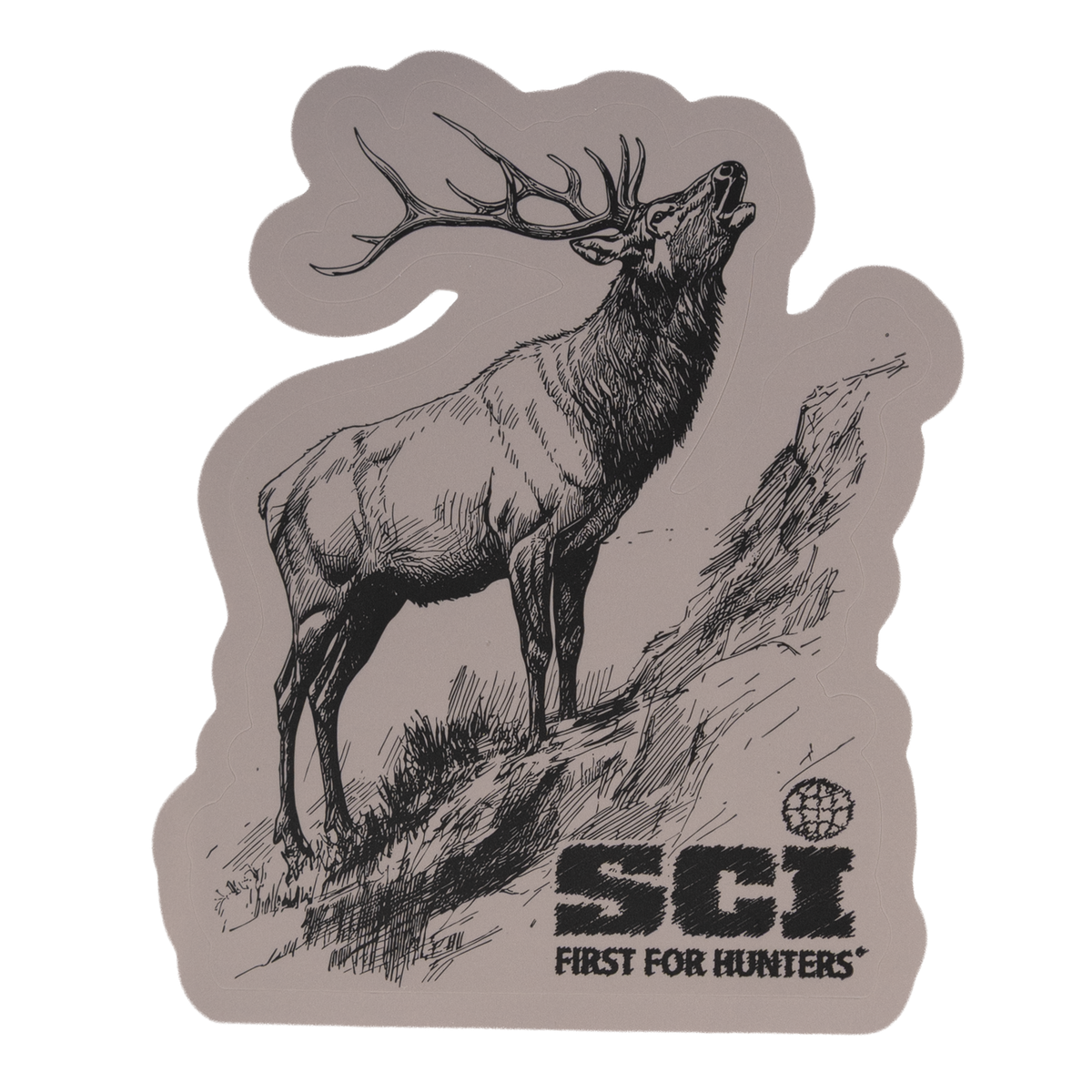 Sticker featuring charcoal drawn animal with SCI logo