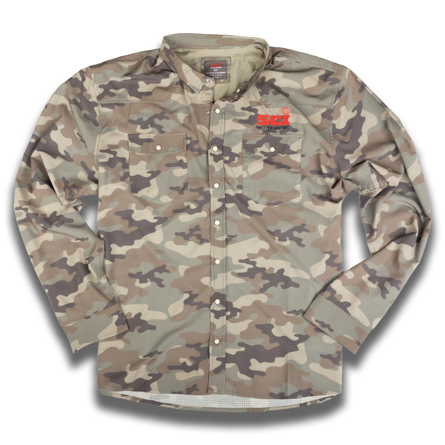 Vintage woodand camo longsleeve airflow shirt with SCI logo on left chest