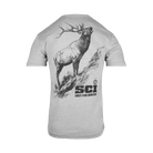 Gray t-shirt with a graphic of a ELK and 'SCI' logo on the back, on a white background
