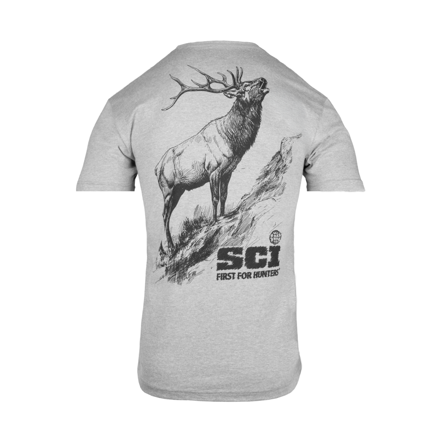 Gray t-shirt with a graphic of a ELK and 'SCI' logo on the back, on a white background