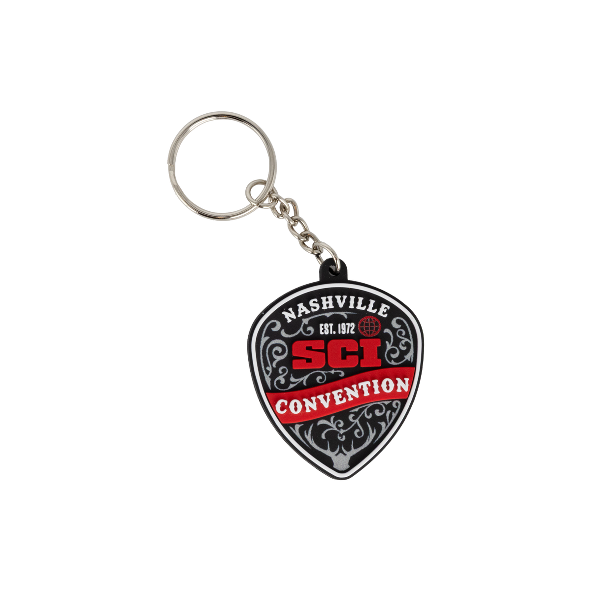 A novelty guitar-pick-shaped keychain featuring the 'Nashville SCI Convention 2025' logo in red and white on a black background, complete with a silver split key ring and chain.