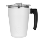 White travel mug with black handle on a white background