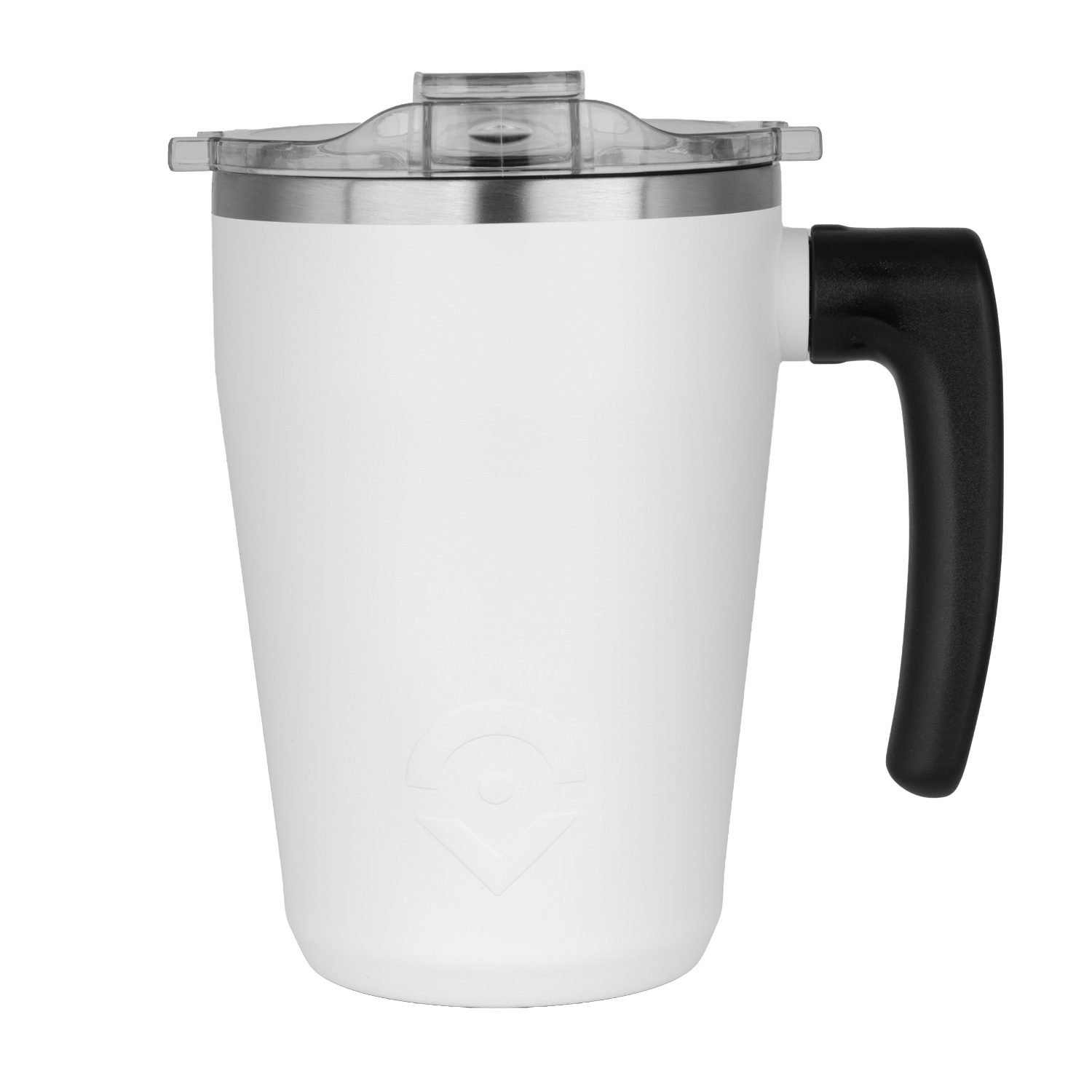 White travel mug with black handle on a white background