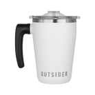 White insulated mug with black handle and 'OUTSIDER' branding on a white background