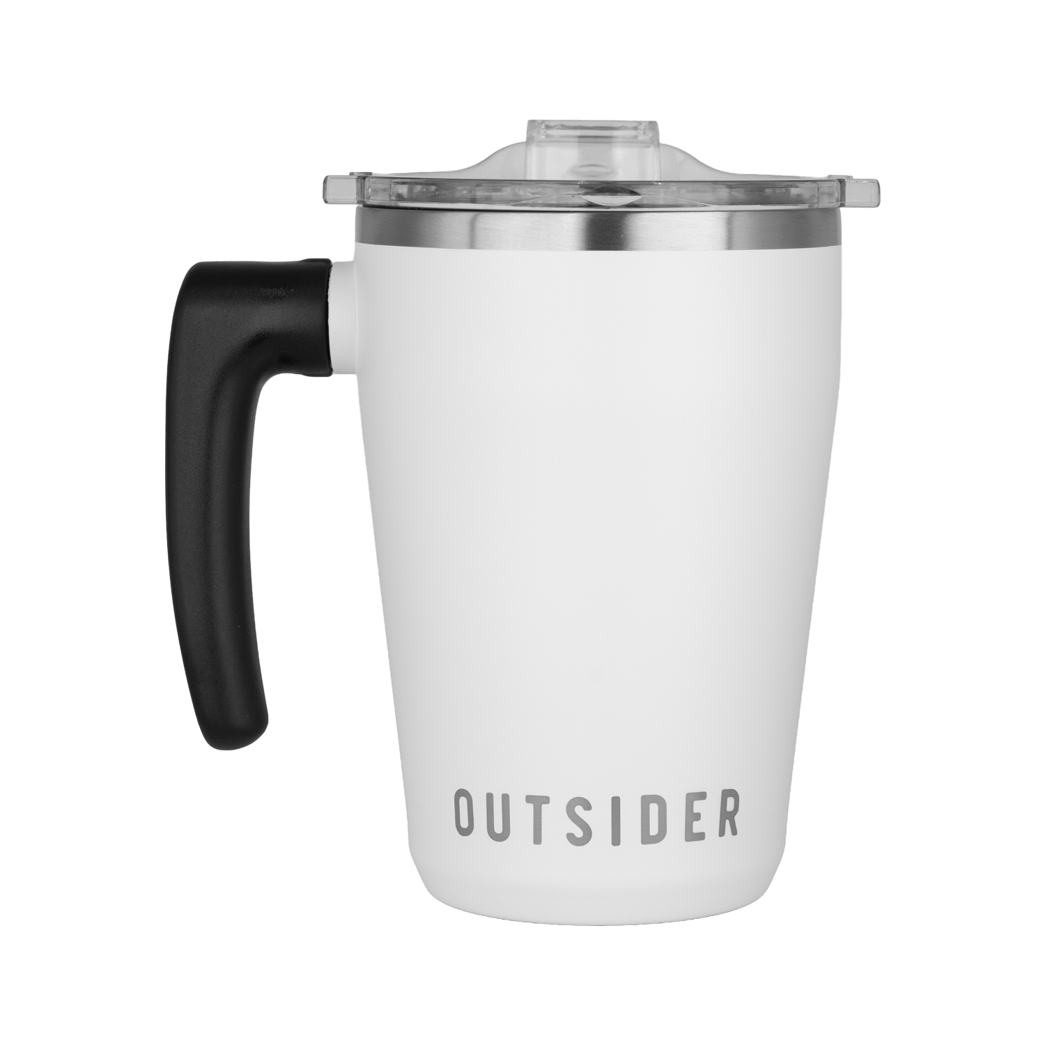 White insulated mug with black handle and 'OUTSIDER' branding on a white background
