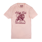 Pink t-shirt with a lion graphic and text on a white background