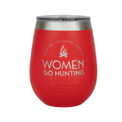 Red insulated tumbler with 'Women Go Hunting' text and YETI logo on a white background