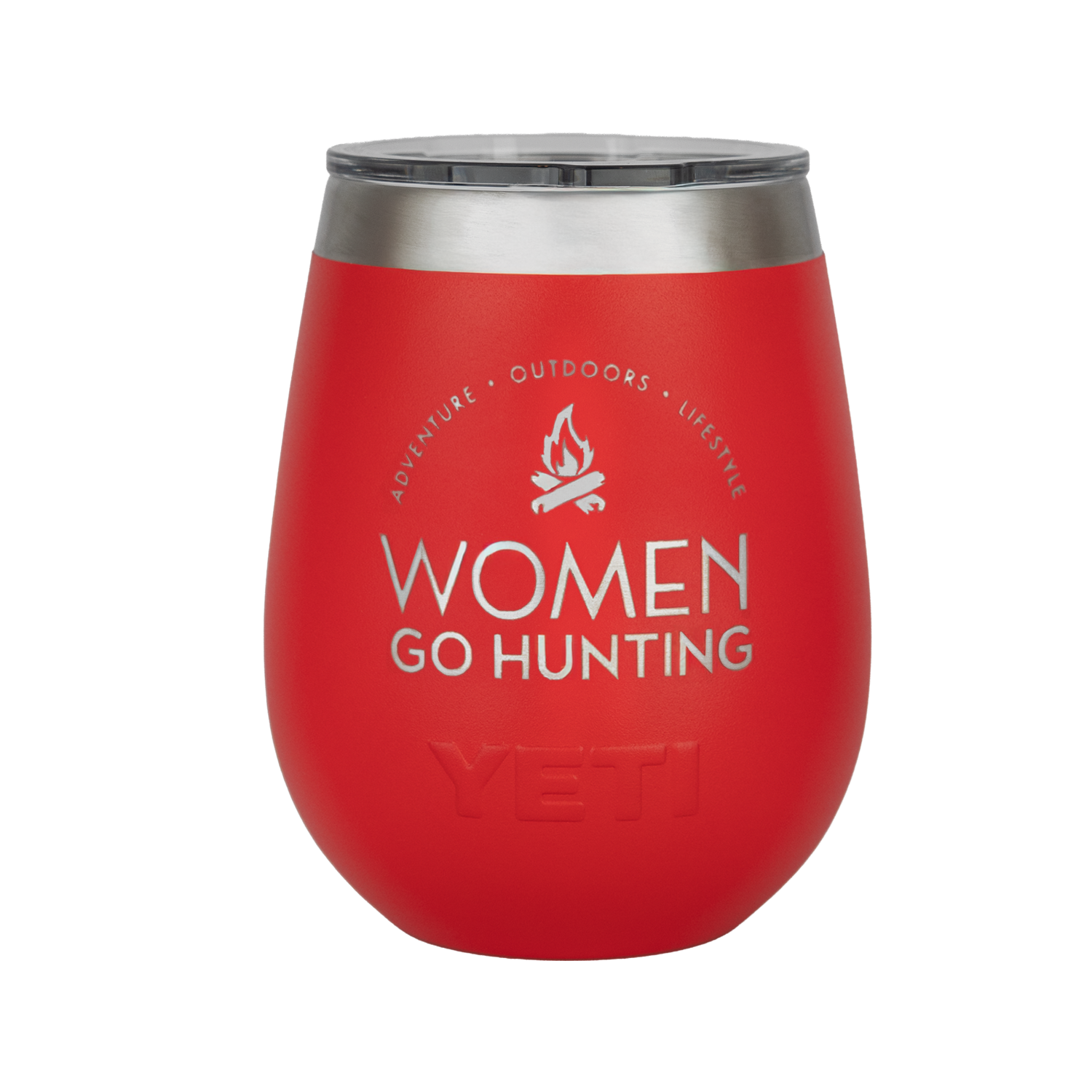 Red insulated tumbler with 'Women Go Hunting' text and YETI logo on a white background
