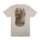 A crewneck t-shirt shown from the back, featuring a large charcoal graphic print of a pronghorn with the text 'SCI FIRST FOR HUNTERS'