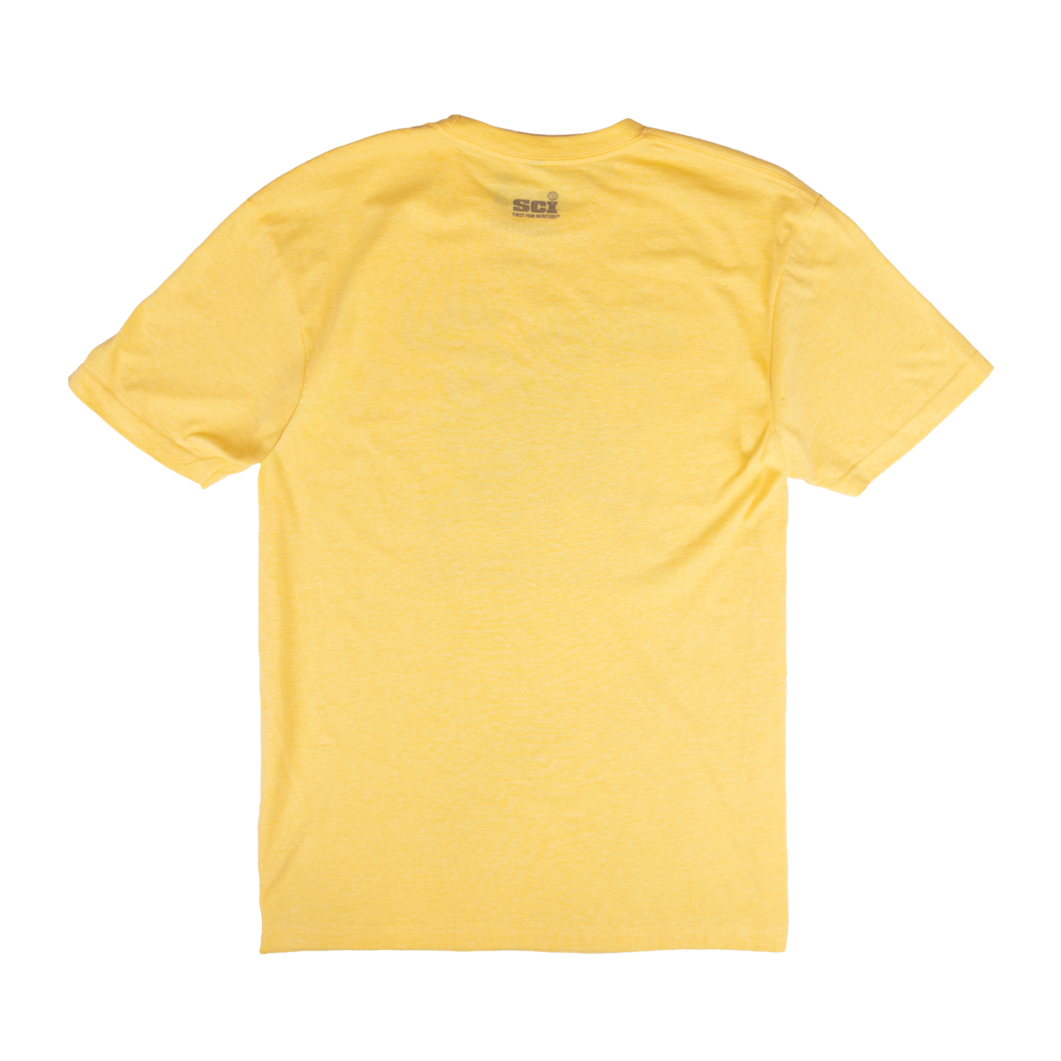 Rear view of yellow tee with SCI logo on upper back