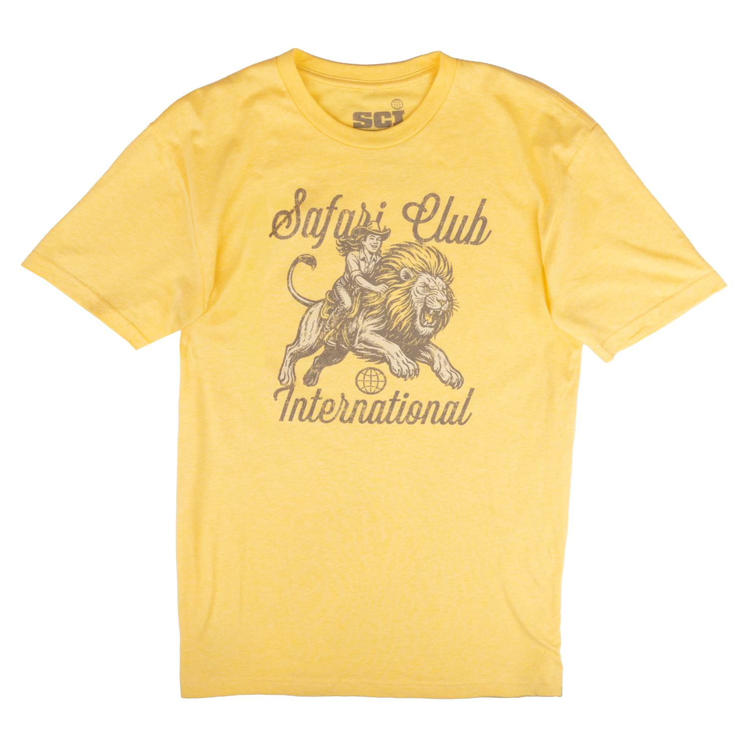 Yellow t-shirt with 'Safari Club International' lion graphic on a white background