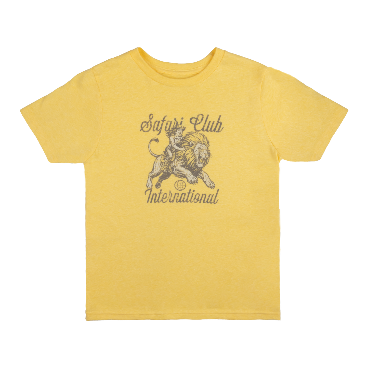 youth yellow shirt with graphic of a lion with text "Safari Club International"